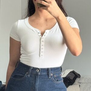 Abercrombie & Fitch White Ribbed Short Sleeve Bodysuit (Soft A&F Collection)